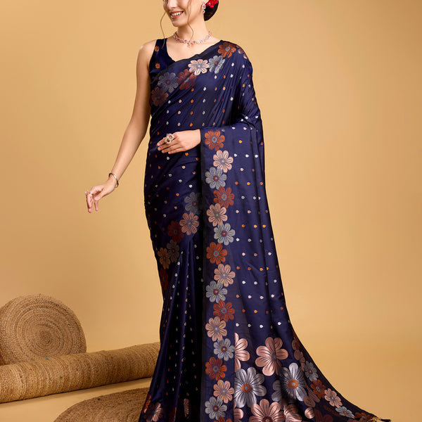 Vedant Vastram Soft Litchi Silk Banarasi Silk Saree - Navy - Distacart