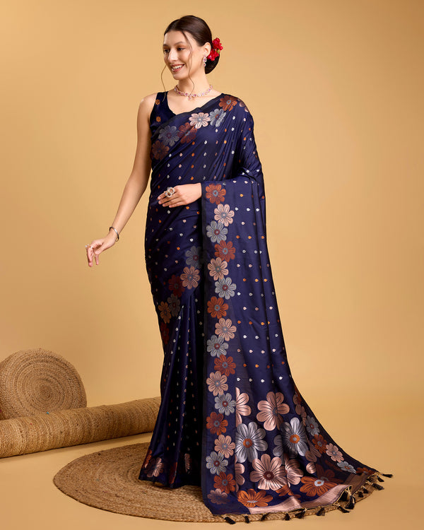 Vedant Vastram Soft Litchi Silk Banarasi Silk Saree - Navy - Distacart