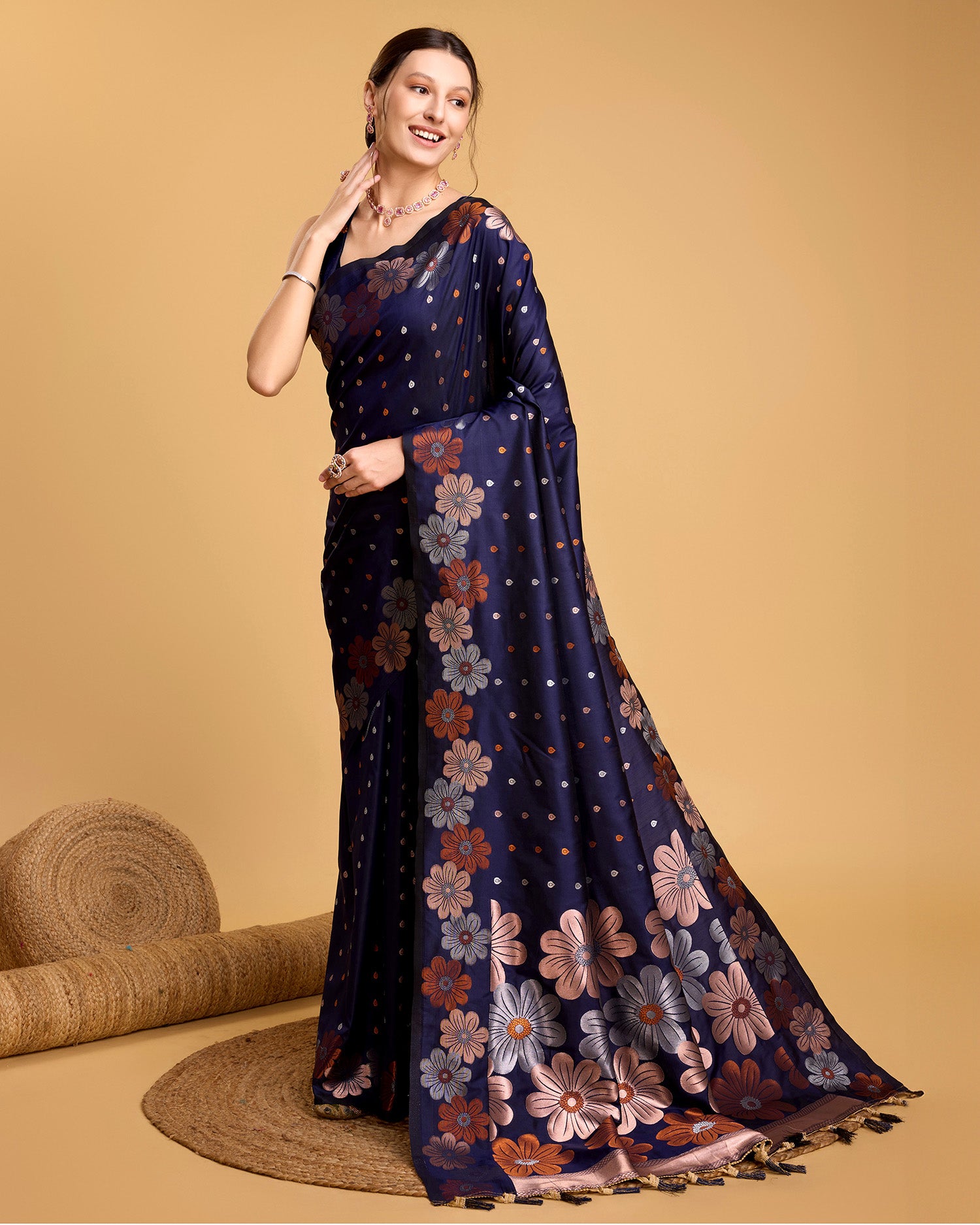 Vedant Vastram Soft Litchi Silk Banarasi Silk Saree - Navy - Distacart