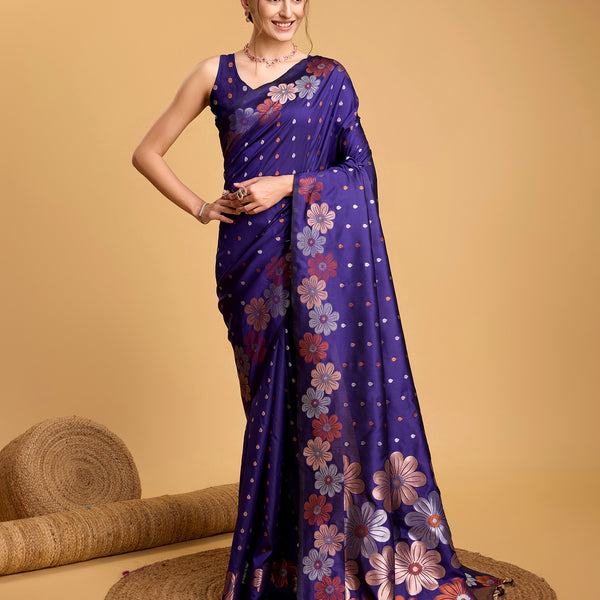 Vedant Vastram Soft Litchi Silk Banarasi Silk Saree - Violet - Distacart