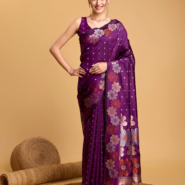 Vedant Vastram Soft Litchi Silk Banarasi Silk Saree - Wine - Distacart