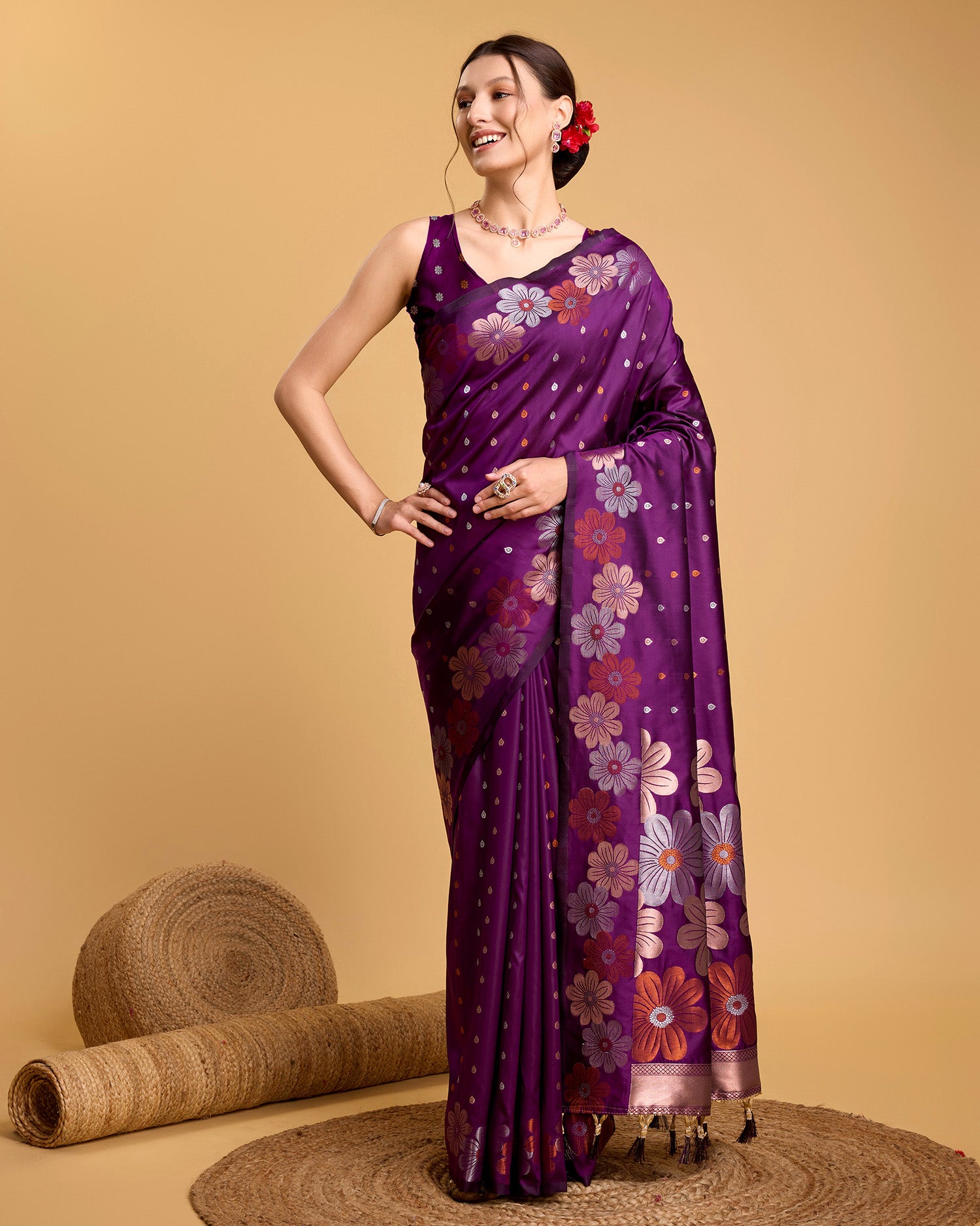 Vedant Vastram Soft Litchi Silk Banarasi Silk Saree - Wine - Distacart