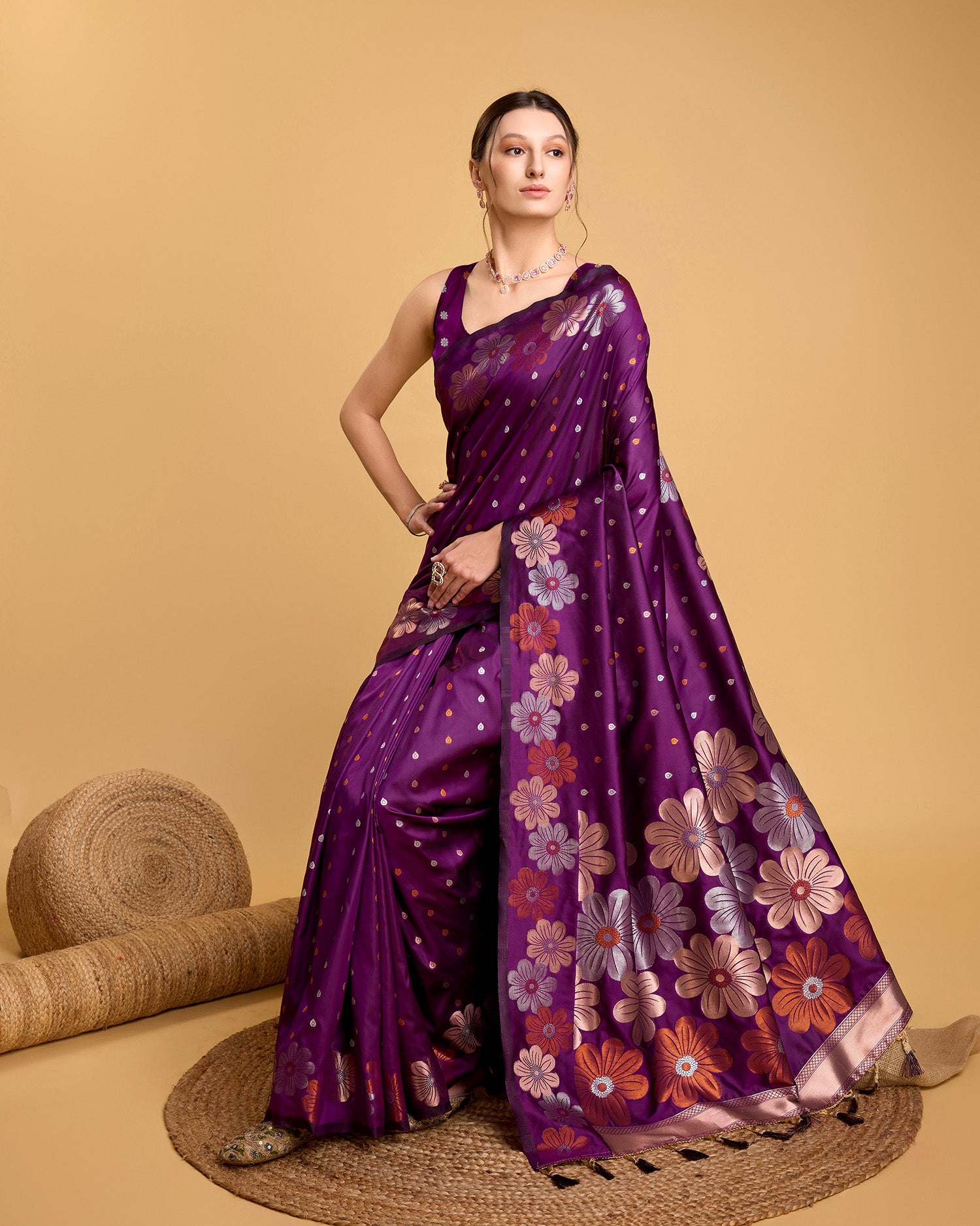 Vedant Vastram Soft Litchi Silk Banarasi Silk Saree - Wine - Distacart