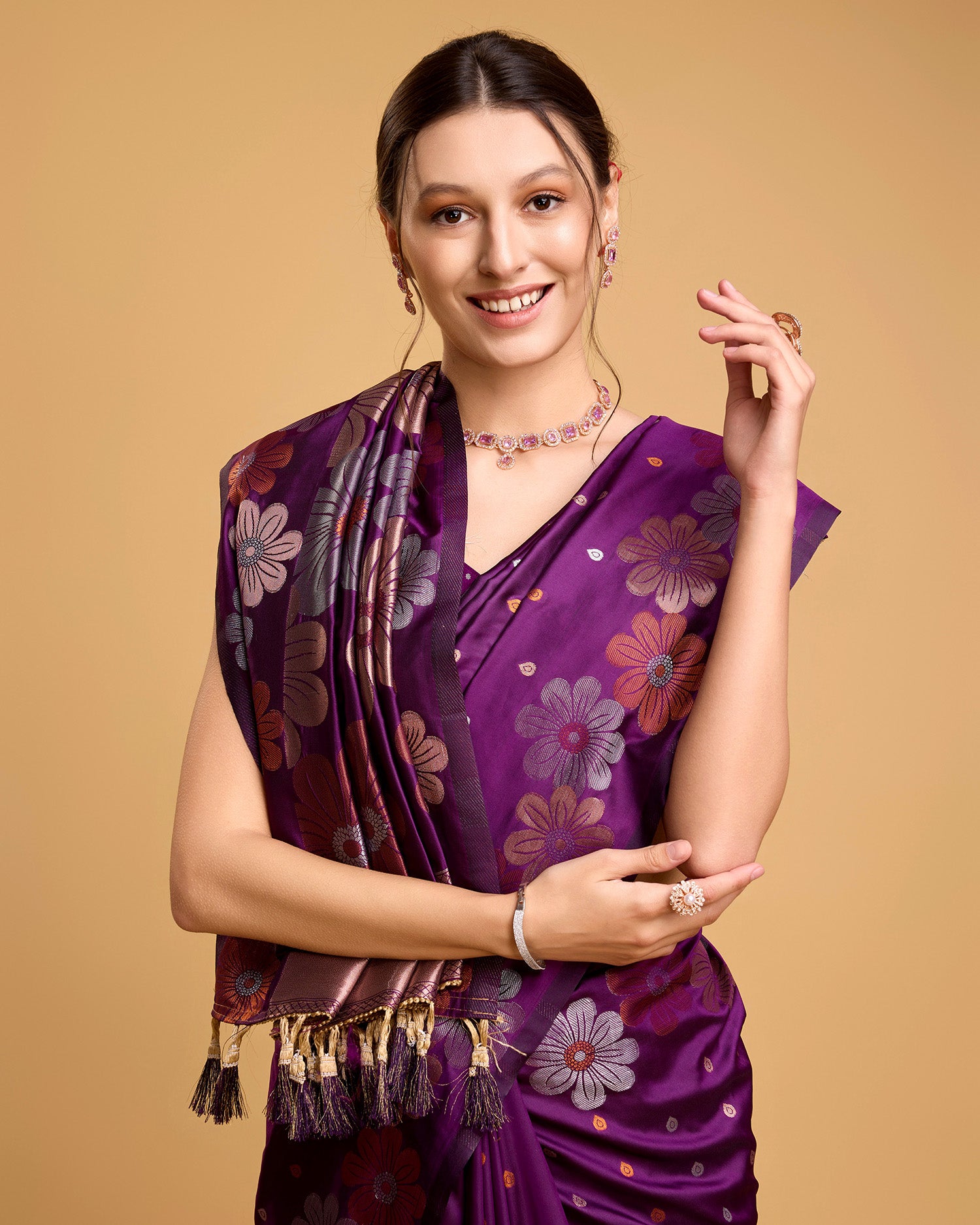 Vedant Vastram Soft Litchi Silk Banarasi Silk Saree - Wine - Distacart