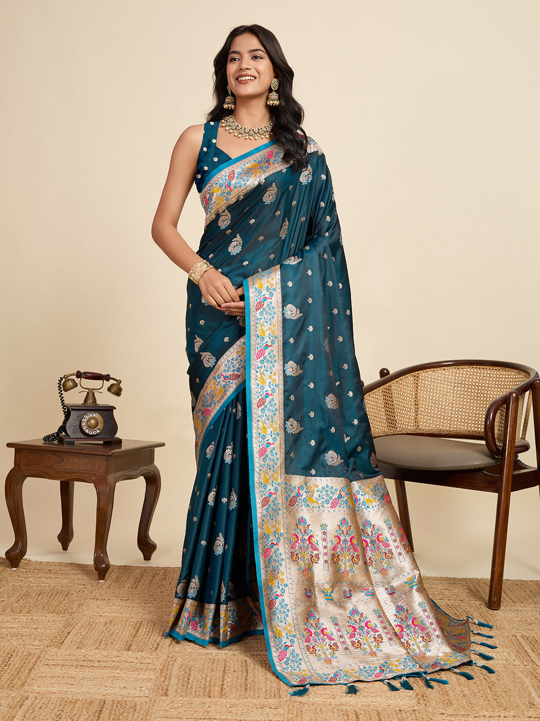 Vedant Vastram Soft Litchi Silk Paithani Jacquard Saree - Firozi - Dista