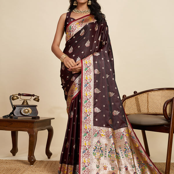 Vedant Vastram Soft Litchi Silk Paithani Jacquard Saree - Maroon - Dista