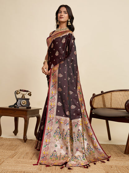 Vedant Vastram Soft Litchi Silk Paithani Jacquard Saree - Maroon - Dista