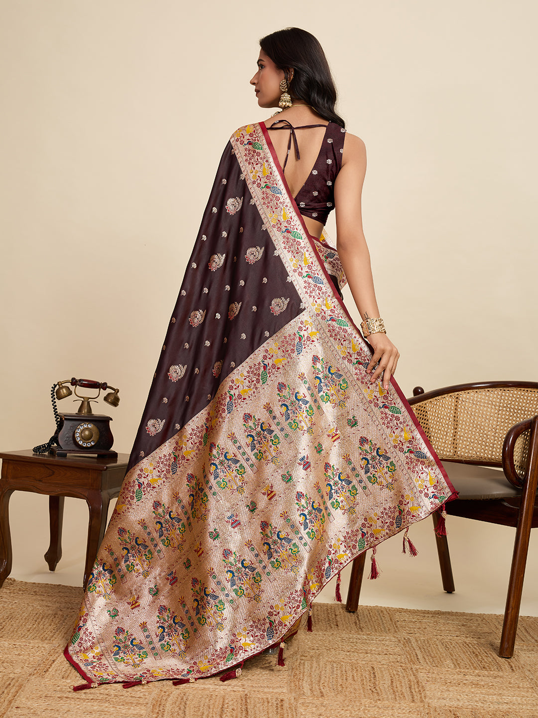 Vedant Vastram Soft Litchi Silk Paithani Jacquard Saree - Maroon - Dista