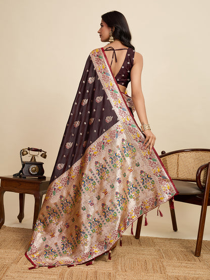 Vedant Vastram Soft Litchi Silk Paithani Jacquard Saree - Maroon - Dista