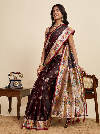 Vedant Vastram Soft Litchi Silk Paithani Jacquard Saree - Maroon - Dista