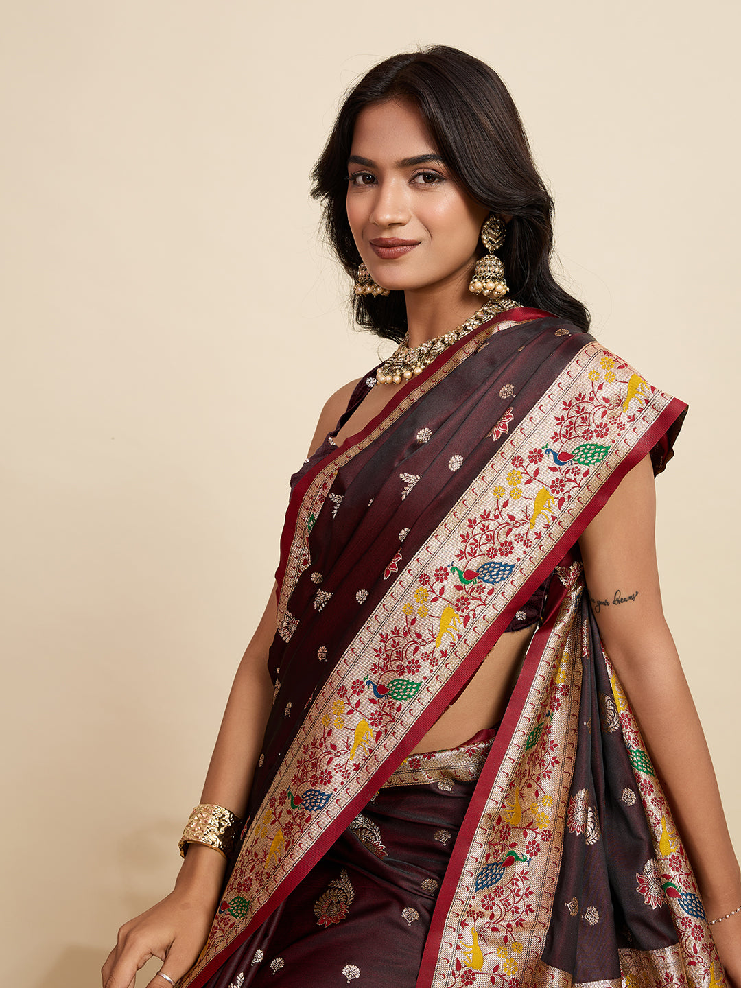 Vedant Vastram Soft Litchi Silk Paithani Jacquard Saree - Maroon - Dista