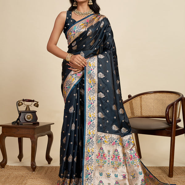 Vedant Vastram Soft Litchi Silk Paithani Jacquard Saree - Navy Blue - Dista