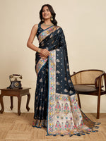 Thumbnail for Vedant Vastram Soft Litchi Silk Paithani Jacquard Saree - Navy Blue - Dista
