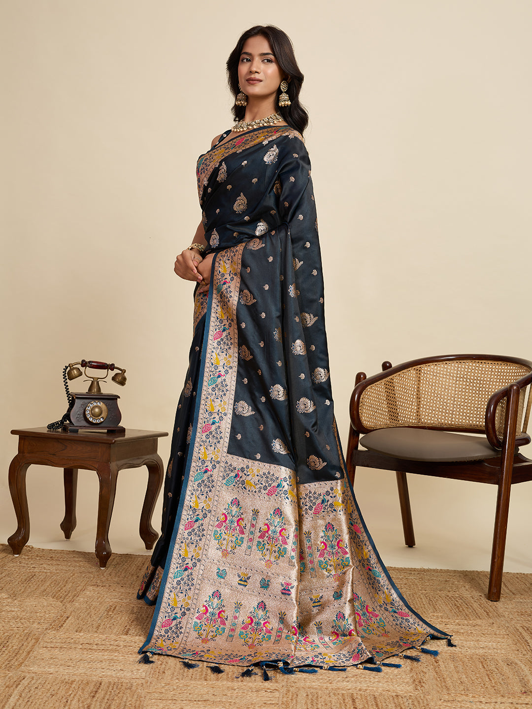 Vedant Vastram Soft Litchi Silk Paithani Jacquard Saree - Navy Blue - Dista