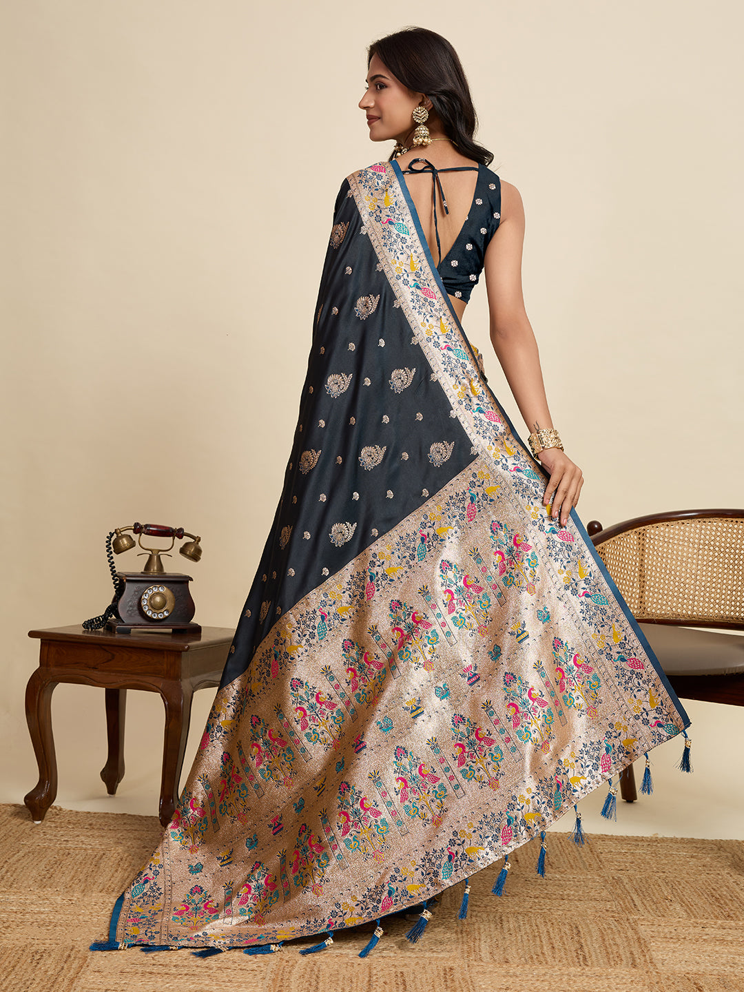 Vedant Vastram Soft Litchi Silk Paithani Jacquard Saree - Navy Blue - Dista