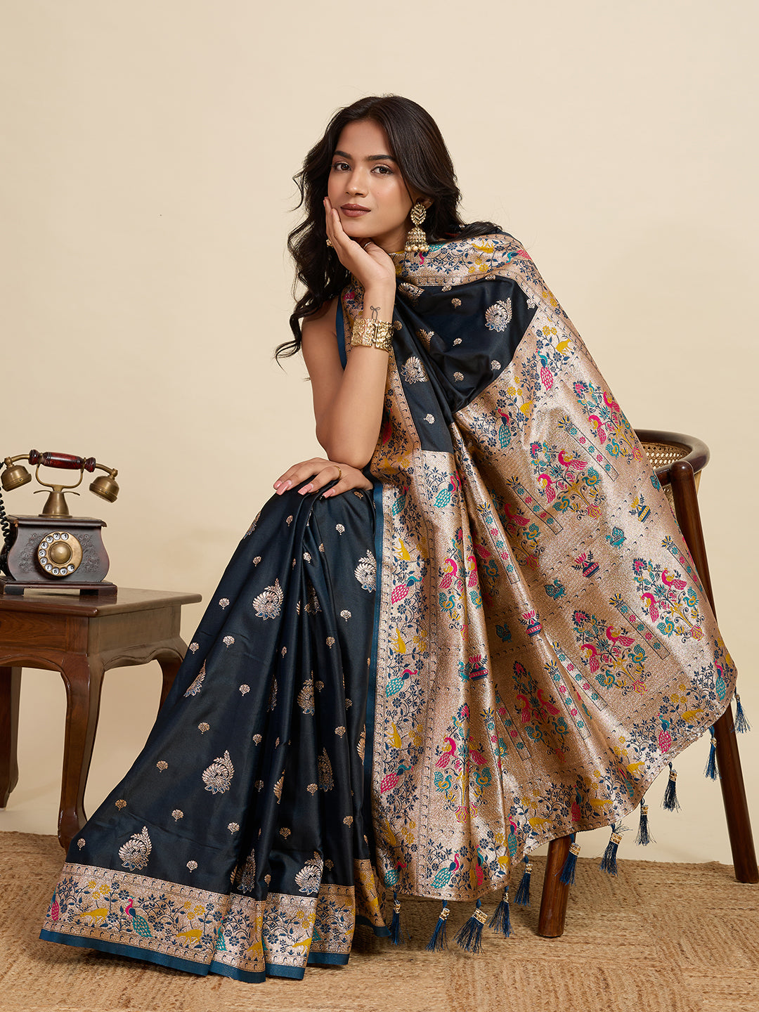 Vedant Vastram Soft Litchi Silk Paithani Jacquard Saree - Navy Blue - Dista