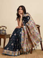 Thumbnail for Vedant Vastram Soft Litchi Silk Paithani Jacquard Saree - Navy Blue - Dista