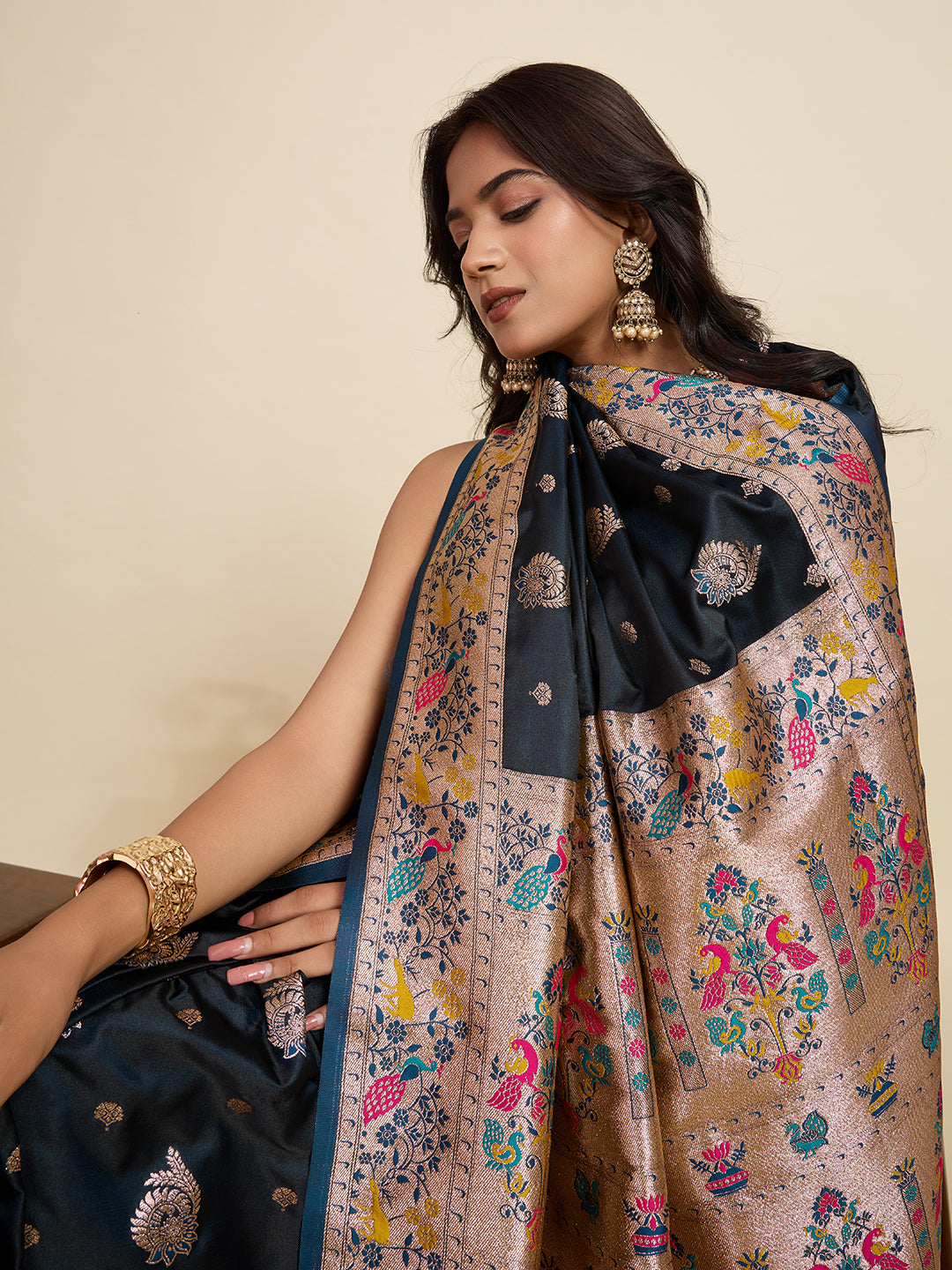 Vedant Vastram Soft Litchi Silk Paithani Jacquard Saree - Navy Blue - Dista