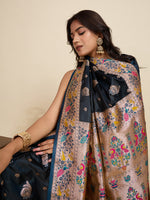 Thumbnail for Vedant Vastram Soft Litchi Silk Paithani Jacquard Saree - Navy Blue - Dista