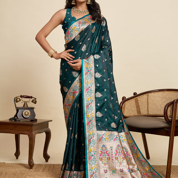 Vedant Vastram Soft Litchi Silk Paithani Jacquard Saree - Rama - Dista