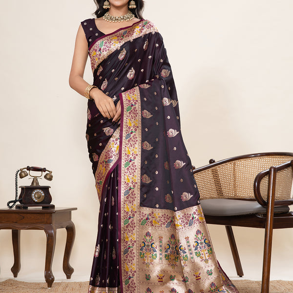 Vedant Vastram Soft Litchi Silk Paithani Jacquard Saree - Wine - Dista