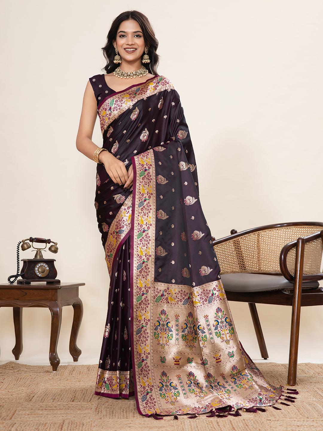 Vedant Vastram Soft Litchi Silk Paithani Jacquard Saree - Wine - Dista