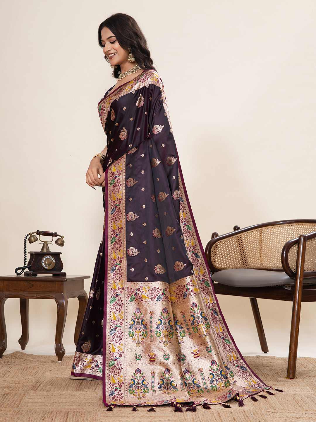 Vedant Vastram Soft Litchi Silk Paithani Jacquard Saree - Wine - Dista