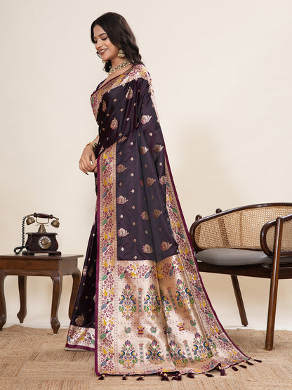 Vedant Vastram Soft Litchi Silk Paithani Jacquard Saree - Wine - Dista