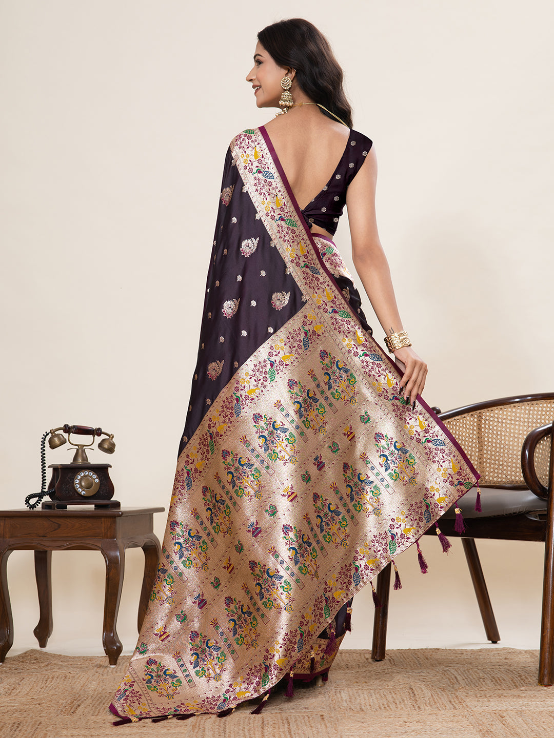 Vedant Vastram Soft Litchi Silk Paithani Jacquard Saree - Wine - Dista