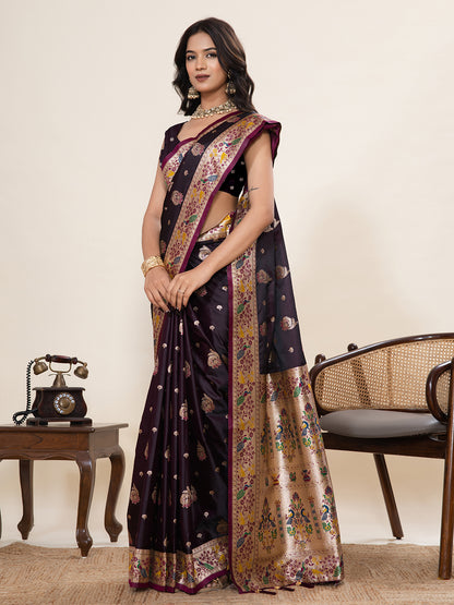 Vedant Vastram Soft Litchi Silk Paithani Jacquard Saree - Wine - Dista