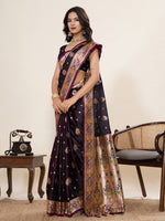 Thumbnail for Vedant Vastram Soft Litchi Silk Paithani Jacquard Saree - Wine - Dista