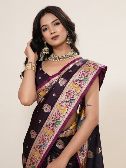 Vedant Vastram Soft Litchi Silk Paithani Jacquard Saree - Wine - Dista