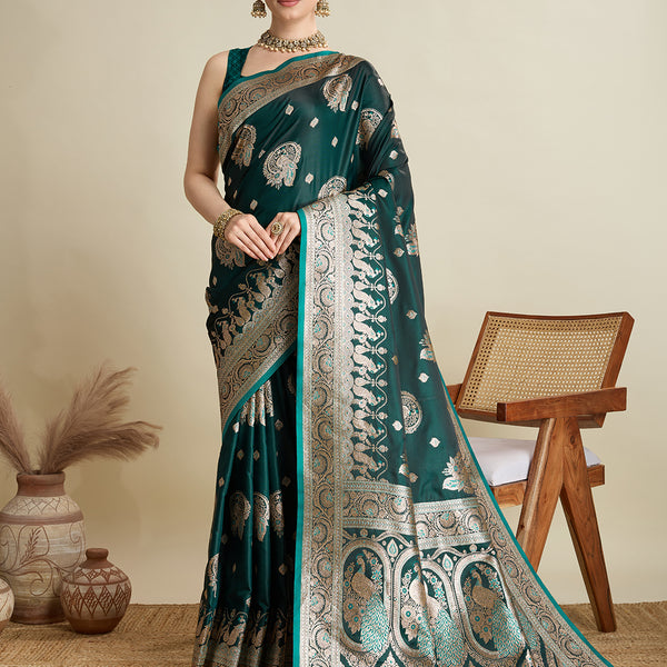 Vedant Vastram Soft Litchi SIlk Banarasi Silk Jacquard Saree - Green - Dista