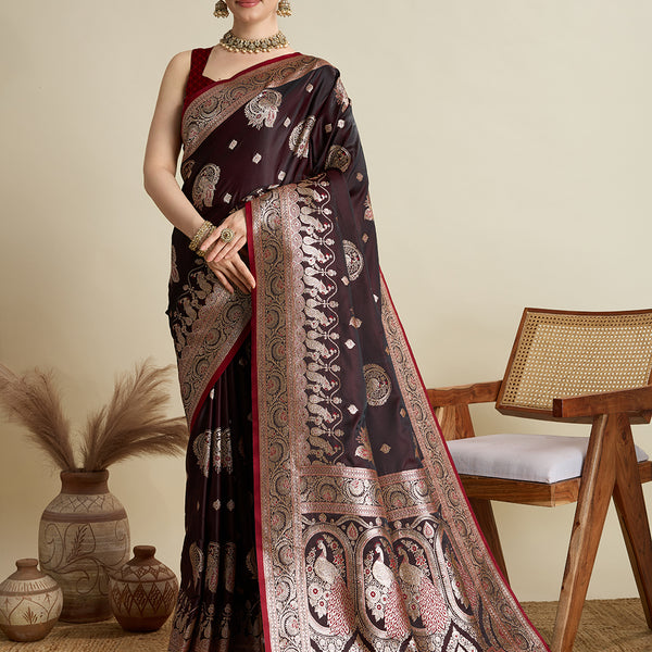 Vedant Vastram Soft Litchi SIlk Banarasi Silk Jacquard Saree - Maroon - Dista