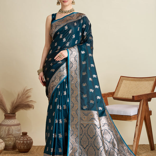 Vedant Vastram Soft Litchi SIlk Banarasi Silk Jacquard Saree - Firozi - Dista
