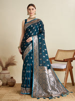 Thumbnail for Vedant Vastram Soft Litchi SIlk Banarasi Silk Jacquard Saree - Firozi - Dista