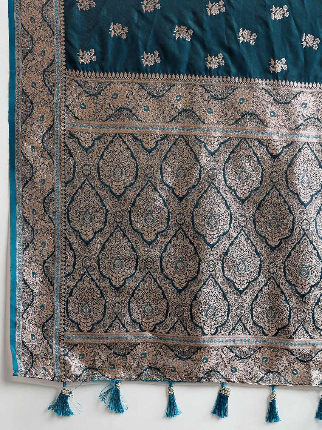 Vedant Vastram Soft Litchi SIlk Banarasi Silk Jacquard Saree - Firozi - Dista
