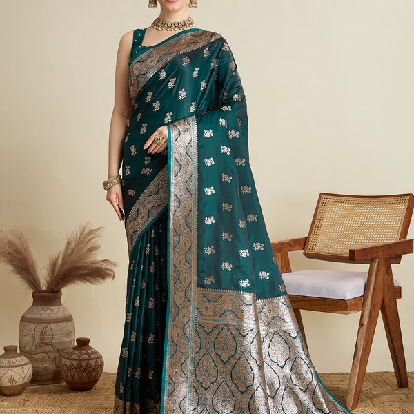 Vedant Vastram Soft Litchi SIlk Banarasi Silk Jacquard Saree - Green - Dista