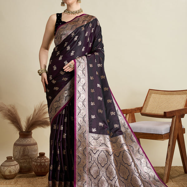 Vedant Vastram Soft Litchi SIlk Banarasi Silk Jacquard Saree - Wine - Dista