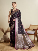 Thumbnail for Vedant Vastram Soft Litchi SIlk Banarasi Silk Jacquard Saree - Wine - Dista