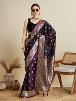 Thumbnail for Vedant Vastram Soft Litchi SIlk Banarasi Silk Jacquard Saree - Wine - Dista