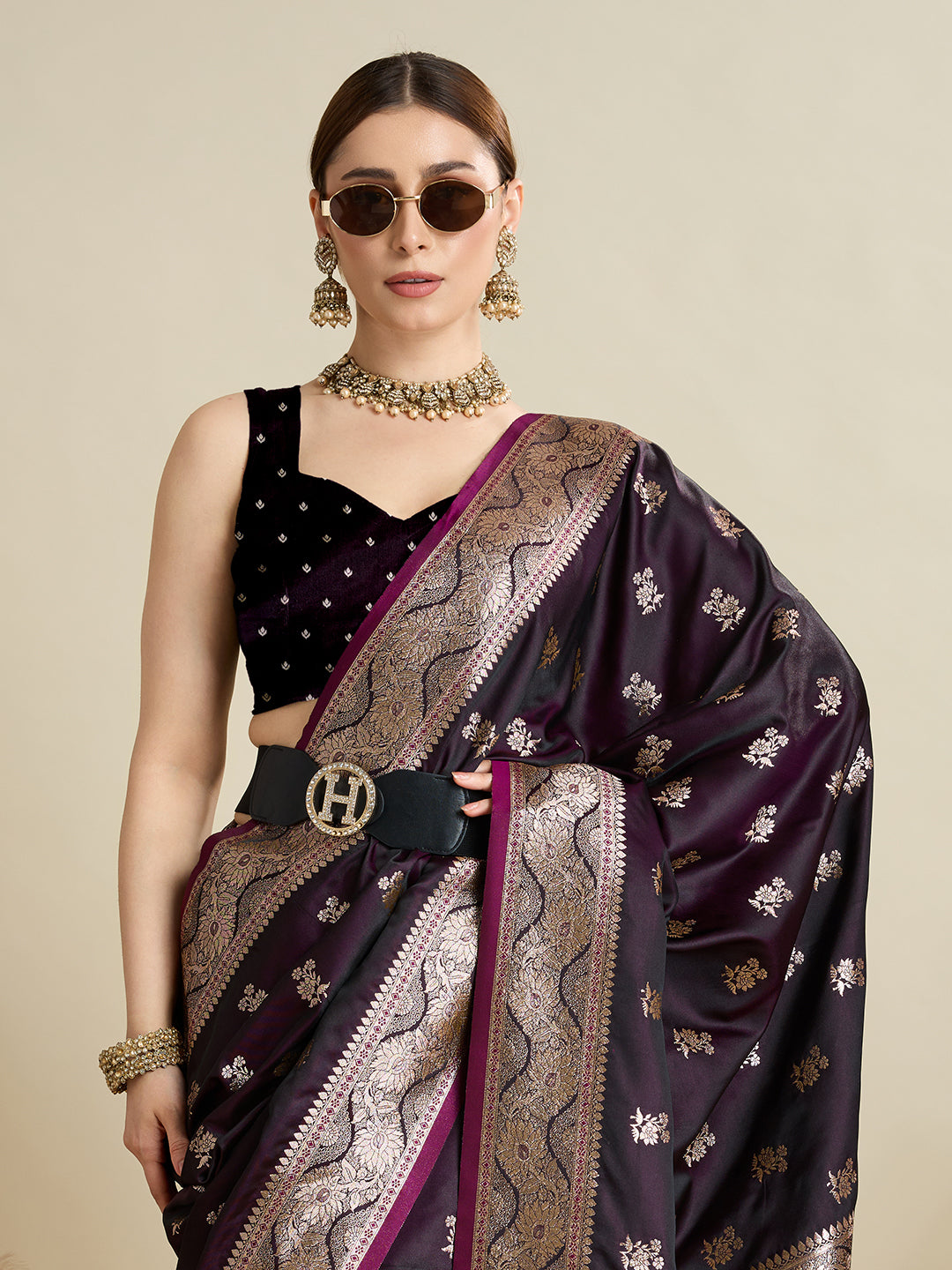 Vedant Vastram Soft Litchi SIlk Banarasi Silk Jacquard Saree - Wine - Dista