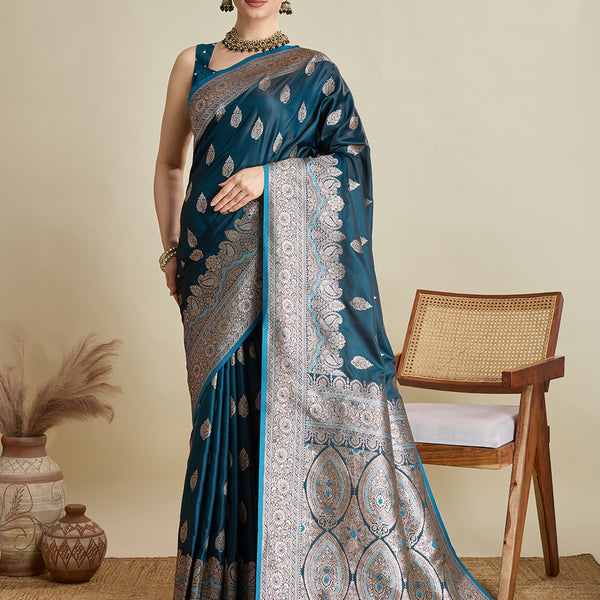Vedant Vastram Soft Litchi SIlk Banarasi Silk Jacquard Saree - Firozi - Dista