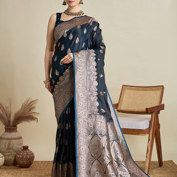 Vedant Vastram Soft Litchi SIlk Banarasi Silk Jacquard Saree - Navy Blue - Dista