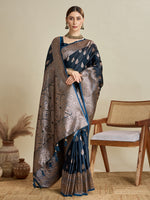 Thumbnail for Vedant Vastram Soft Litchi SIlk Banarasi Silk Jacquard Saree - Navy Blue - Dista