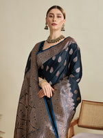 Thumbnail for Vedant Vastram Soft Litchi SIlk Banarasi Silk Jacquard Saree - Navy Blue - Dista