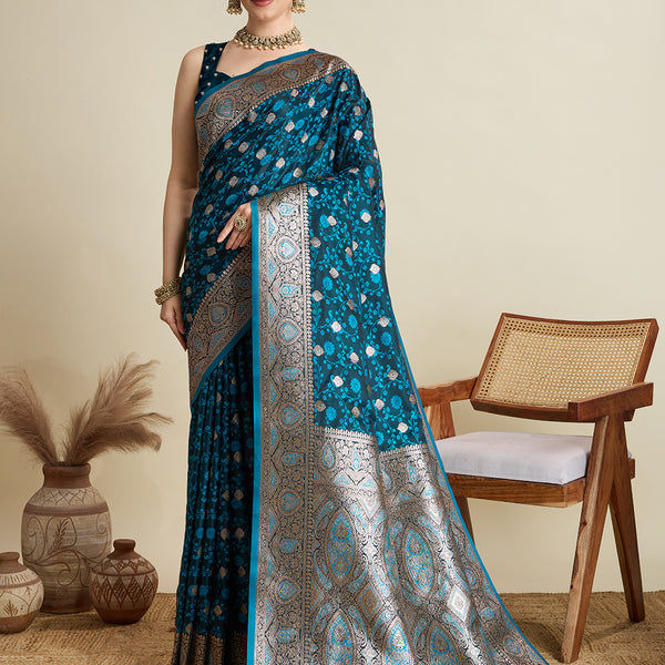 Vedant Vastram Soft Litchi SIlk Banarasi Silk Jacquard Saree - Firozi - Dista