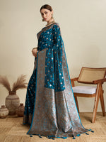 Thumbnail for Vedant Vastram Soft Litchi SIlk Banarasi Silk Jacquard Saree - Firozi - Dista
