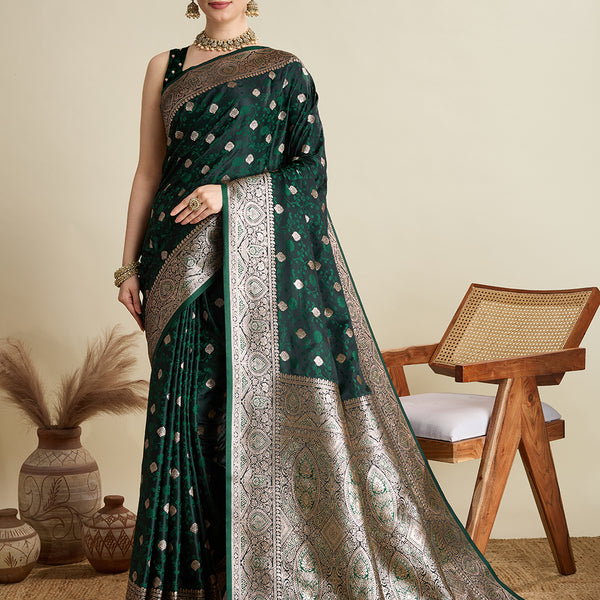 Vedant Vastram Soft Litchi SIlk Banarasi Silk Jacquard Saree - Green - Dista