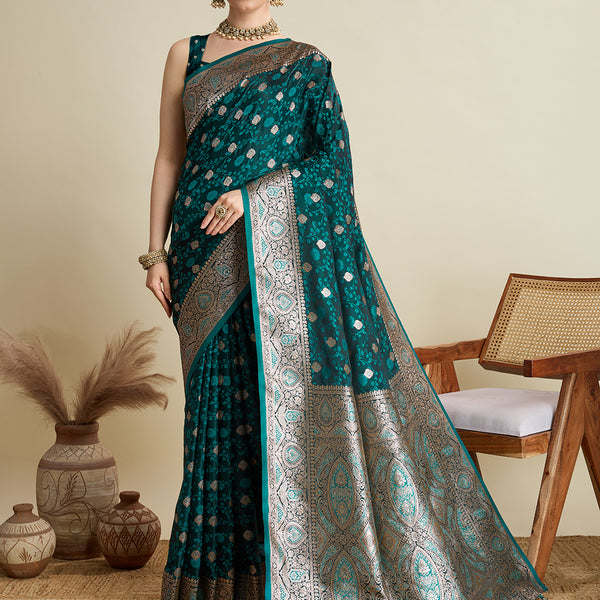 Vedant Vastram Soft Litchi SIlk Banarasi Silk Jacquard Saree - Rama - Dista